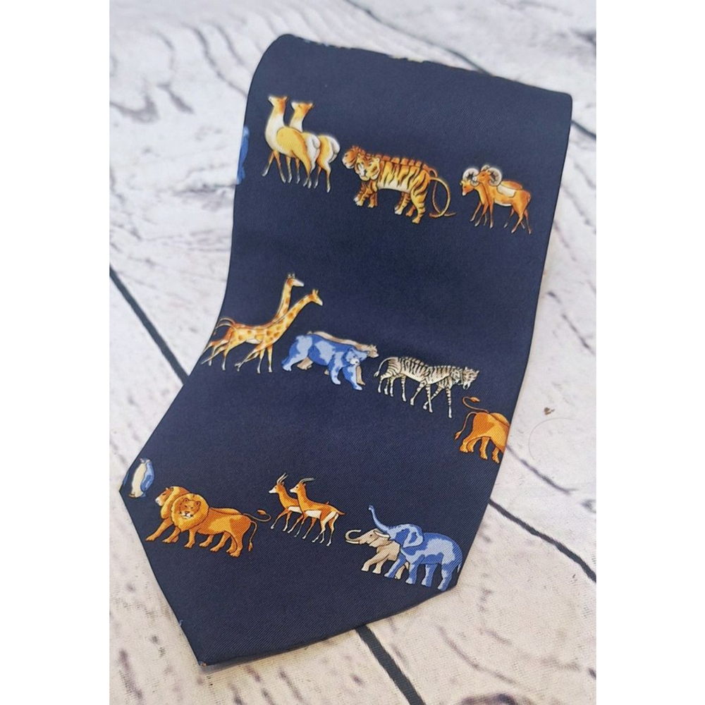 #1723 Men's Ascot Necktie, 100 %: Silk One Size, Navy with Animal Print